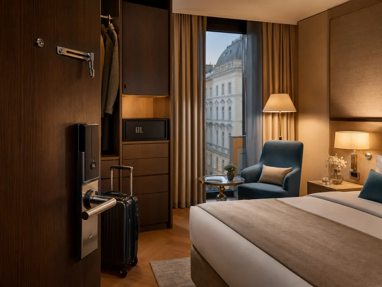 Sicheres Hotelzimmer in Wien mit Türschloss, Safe und geordnetem Gepäck